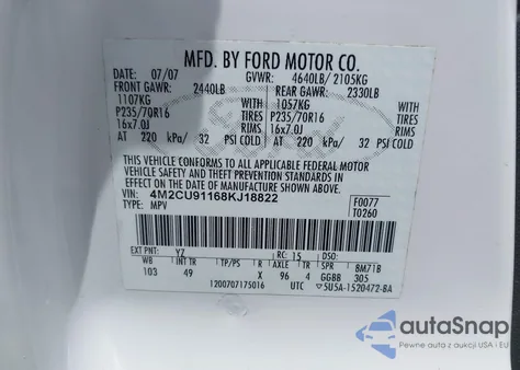 2008 Mercury Mariner V6 from USA, damaged, VIN 4M2CU91168KJ18822